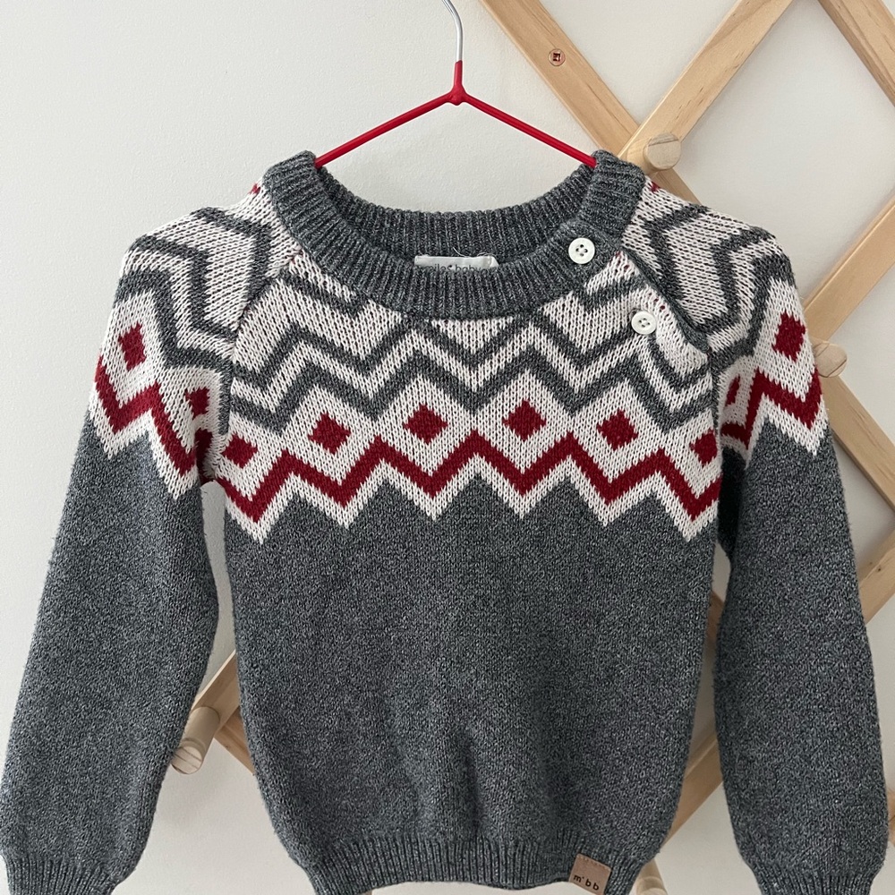 Miles Baby Gray Fair Isle Button-Shoulder Sweater with Red Accents
